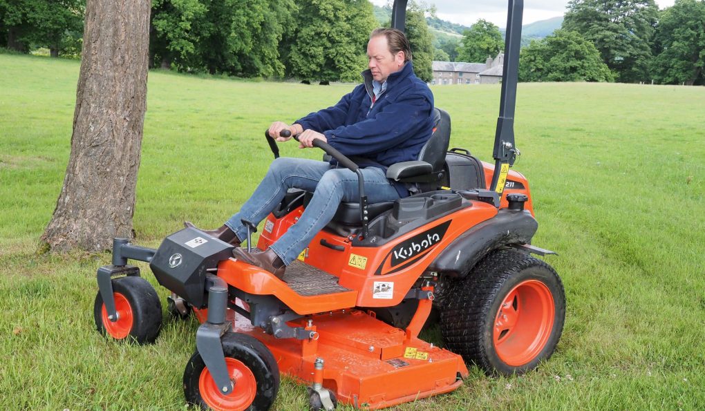 Image shows Kubota’s ZD1211 zero turn mower showing its versatility at Glanusk estate in South Wales