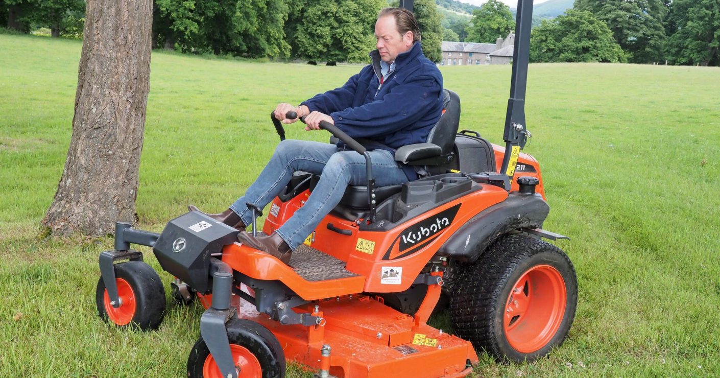 Image shows Kubota’s ZD1211 zero turn mower showing its versatility at Glanusk estate in South Wales